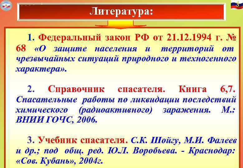  3 Литература: 1. Федеральный закон РФ от 21. 12. 1994 г. № 68