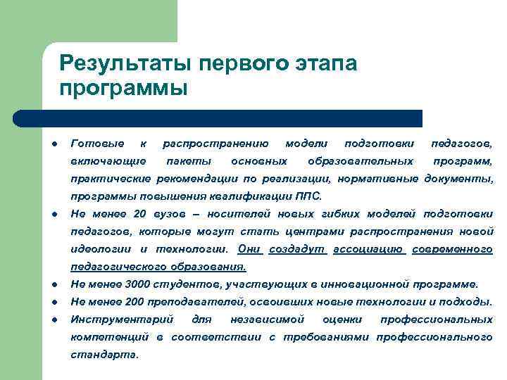 Результаты первого этапа программы Готовые к распространению модели подготовки педагогов, включающие пакеты основных