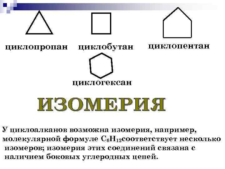 циклопропан циклобутан циклопентан циклогексан У циклоалканов возможна изомерия, например, молекулярной формуле С 6 Н