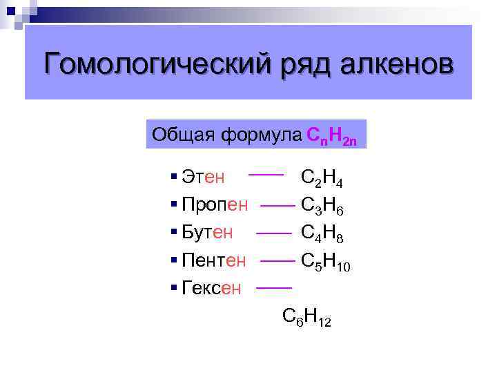 Гомологический ряд алкенов Общая формула Сn. Н 2 n § Этен C 2 H