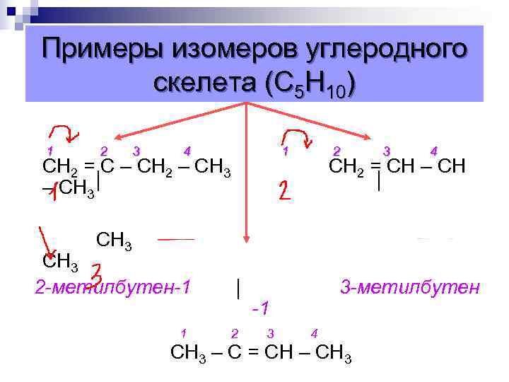  Примеры изомеров углеродного скелета (С 5 Н 10) 1 2 3 4 1