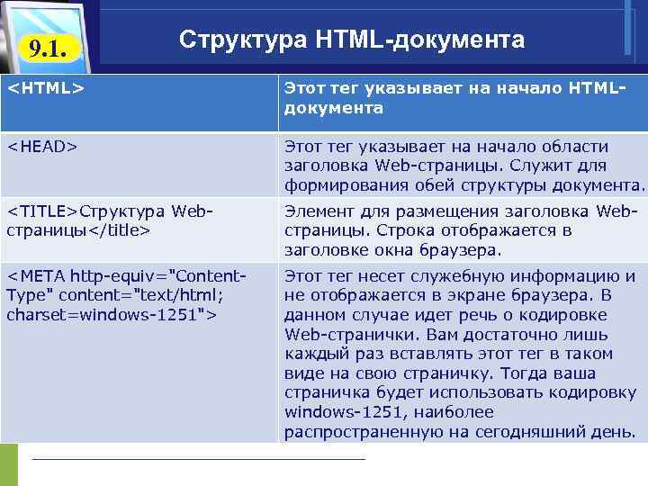  9. 1. Структура HTML-документа <HTML> Этот тег указывает на начало HTML- документа <HEAD>