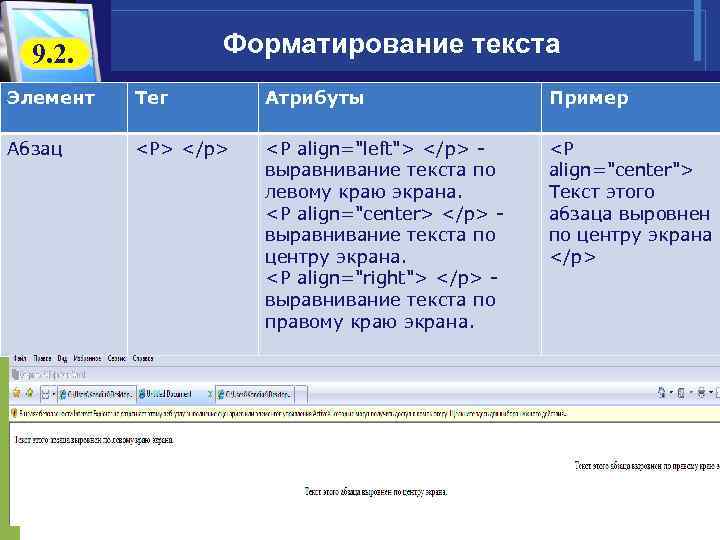  9. 2. Форматирование текста Элемент Тег Атрибуты Пример Абзац <P> </p> <P align="left">