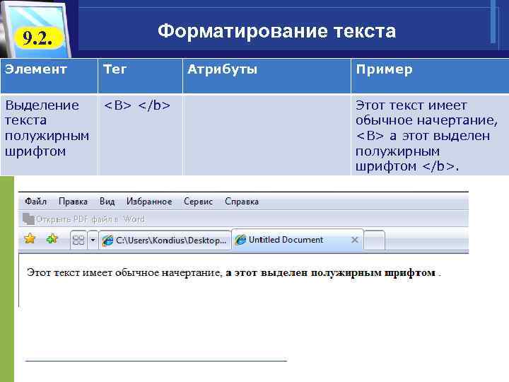  9. 2. Форматирование текста Элемент Тег Атрибуты Пример Выделение <B> </b> Этот текст