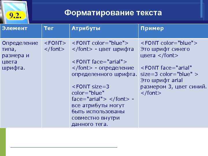  9. 2. Форматирование текста Элемент Тег Атрибуты Пример Определение <FONT> <FONT color="blue"> типа,