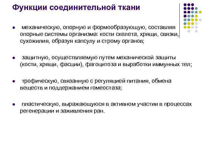 Функции соединительной ткани l механическую, опорную и формообразующую, составляя опорные системы организма: кости Функции соединительной ткани l механическую, опорную и формообразующую, составляя опорные системы организма: кости