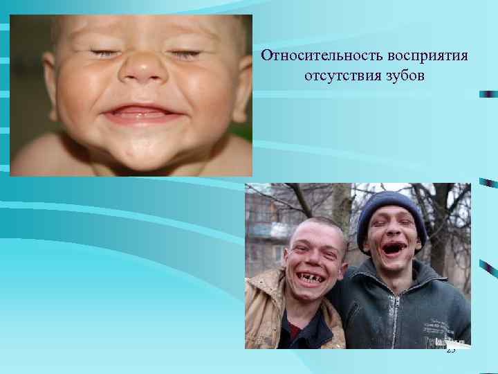 Относительность восприятия  отсутствия зубов      25 