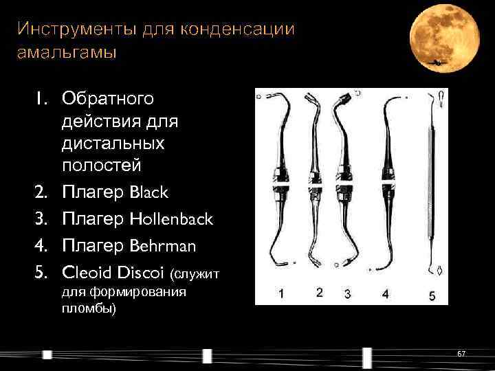 Инструменты для конденсации амальгамы  1. Обратного действия для дистальных полостей 2. Плагер Black