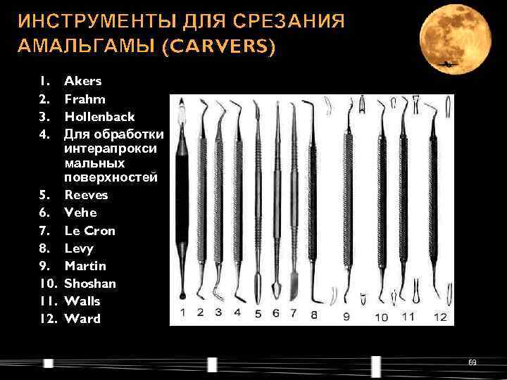 ИНСТРУМЕНТЫ ДЛЯ СРЕЗАНИЯ АМАЛЬГАМЫ (CARVERS) 1.  Akers 2.  Frahm 3.  Hollenback