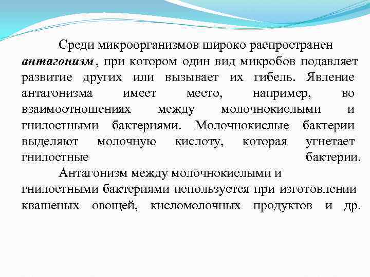 Среди микроорганизмов широко распространен антагонизм , при котором один вид микробов подавляет Среди микроорганизмов широко распространен антагонизм , при котором один вид микробов подавляет