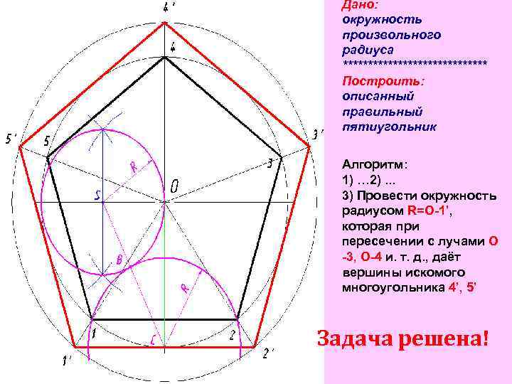 Построение вписанного пятиугольника. Правильный описанный пятиугольник. Пятиугольник чертеж.