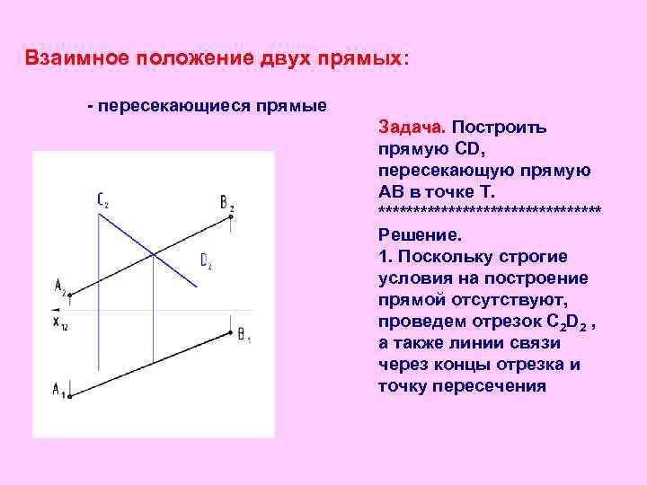 Провели две пересекающиеся прямые. Чертеж пересекающихся прямых. Взаимное положение отрезков. Построить скрещивающиеся прямые. Провести прямую пересекающую прямые.