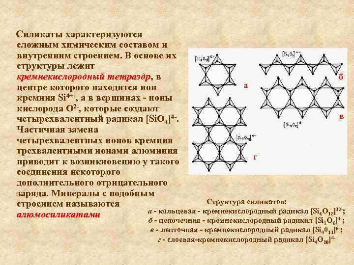 Силикаты характеризуются сложным химическим составом и внутренним строением. В основе их структуры лежит кремнекислородный