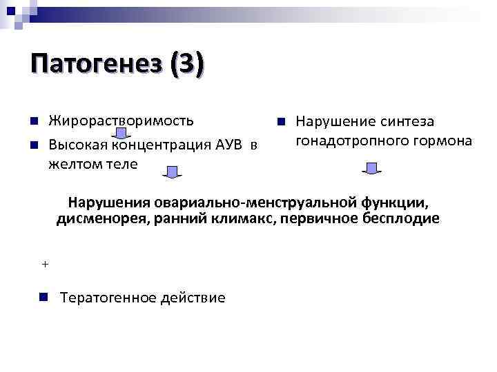 Патогенез (3) n Жирорастворимость n Нарушение синтеза n Высокая концентрация АУВ в гонадотропного гормона