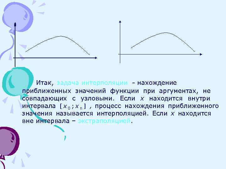   Итак, задача интерполяции - нахождение приближенных значений функции при аргументах, не совпадающих