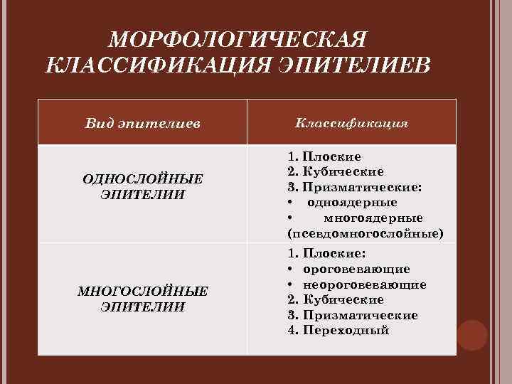   МОРФОЛОГИЧЕСКАЯ КЛАССИФИКАЦИЯ ЭПИТЕЛИЕВ  Вид эпителиев  Классификация    1.