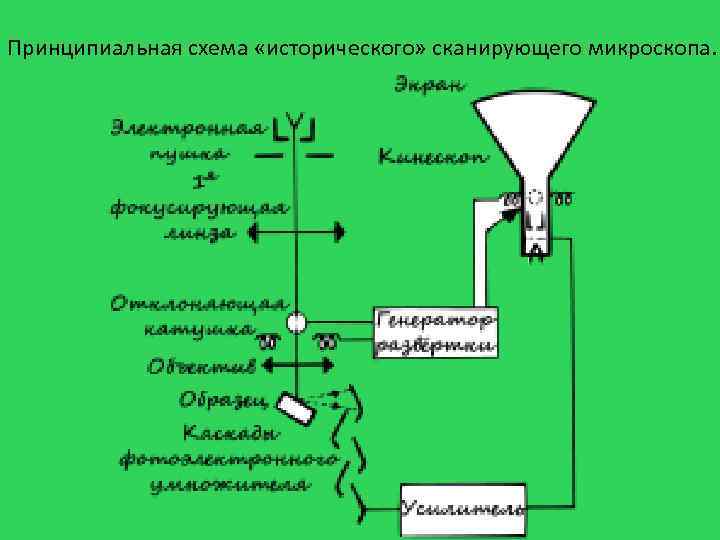 Принципиальная схема «исторического» сканирующего микроскопа. 