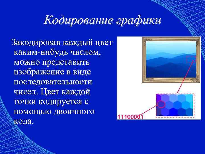   Кодирование графики Закодировав каждый цвет каким-нибудь числом,  можно представить изображение в