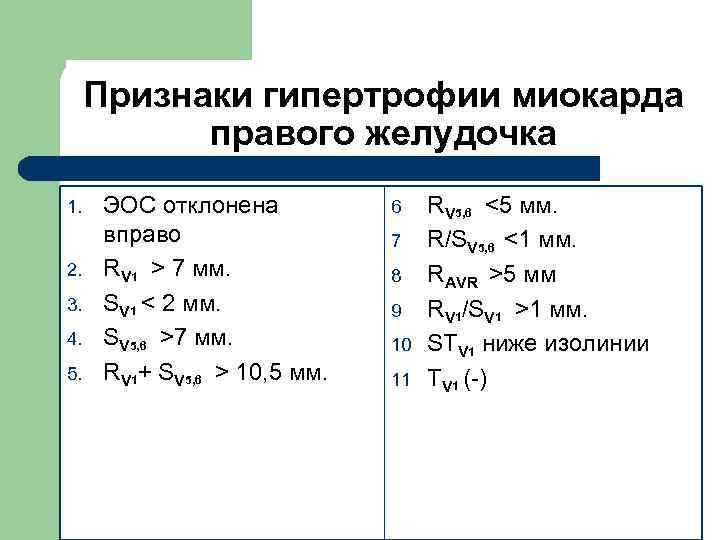  Признаки гипертрофии миокарда правого желудочка 1. ЭОС отклонена 6 RV 5, 6 <5