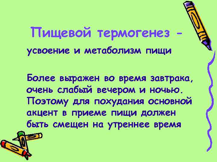 Пищевой термогенез - усвоение и метаболизм пищи Более выражен во время завтрака, очень слабый