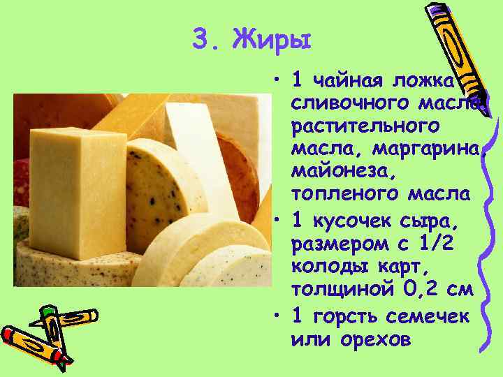 3. Жиры • 1 чайная ложка сливочного масла, растительного масла, маргарина, майонеза, топленого масла