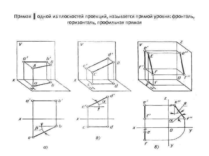 Установите соответствие между видом прямых и их изображением профильная прямая уровня