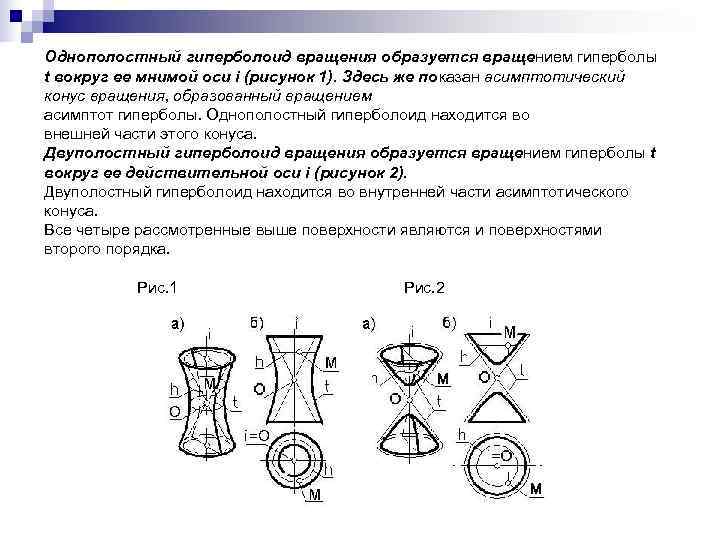 Однополостный гиперболоид вращения образуется вращением гиперболы t вокруг ее мнимой оси i (рисунок 1).