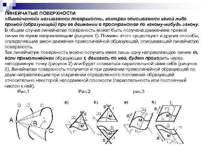 ЛИНЕЙЧАТЫЕ ПОВЕРХНОСТИ «Линейчатой» называется поверхность, которая описывается какой либо прямой (образующей) при ее движении