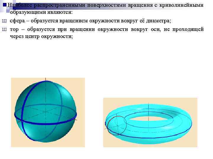  Наиболее распространенными поверхностями вращения с криволинейными  образующими являются: Ш сфера – образуется
