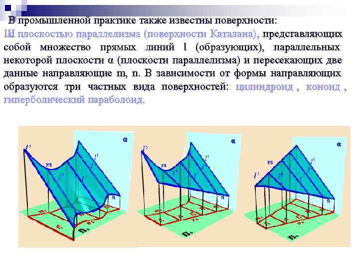 Коноид это. Поверхность Каталана Начертательная геометрия. Поверхность с двумя направляющими и плоскостью параллелизма. Линейчатые поверхности с плоскостью параллелизма. Линейчатые поверхности с двумя направляющими.