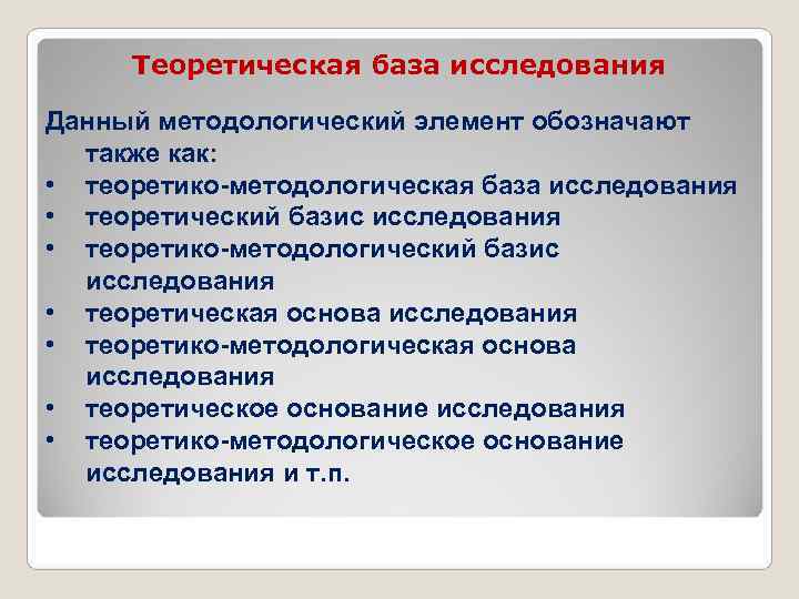  Теоретическая база исследования Данный методологический элемент обозначают также как: • теоретико-методологическая база исследования