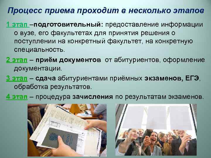Процесс приема проходит в несколько этапов 1 этап –подготовительный: предоставление информации  о вузе,
