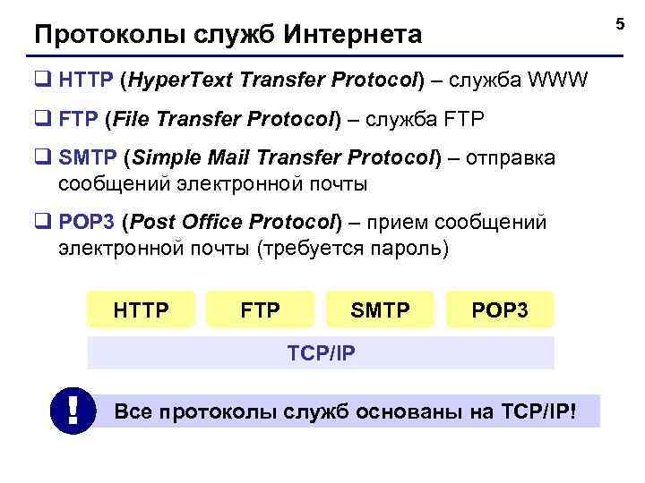  5 Протоколы служб Интернета q HTTP (Hyper. Text Transfer Protocol) – служба WWW