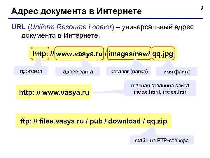  9 Адрес документа в Интернете URL (Uniform Resource Locator) – универсальный адрес документа