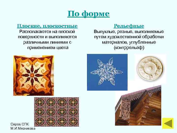  По форме Плоские, плоскостные Рельефные Располагаются на плоской Выпуклые, резные, выполняемые поверхности и