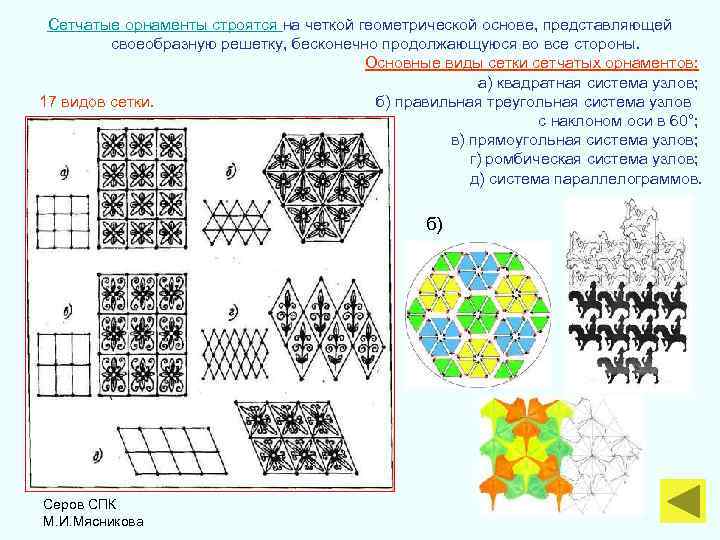  Сетчатые орнаменты строятся на четкой геометрической основе, представляющей своеобразную решетку, бесконечно продолжающуюся во