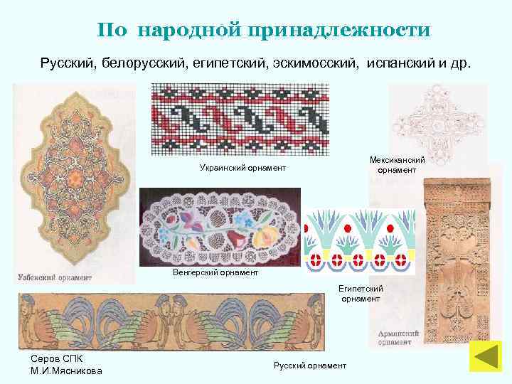  По народной принадлежности Русский, белорусский, египетский, эскимосский, испанский и др. Мексиканский Украинский орнамент