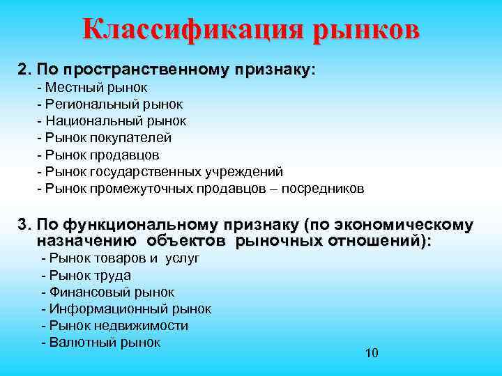  Классификация рынков 2. По пространственному признаку: - Местный рынок - Региональный рынок -