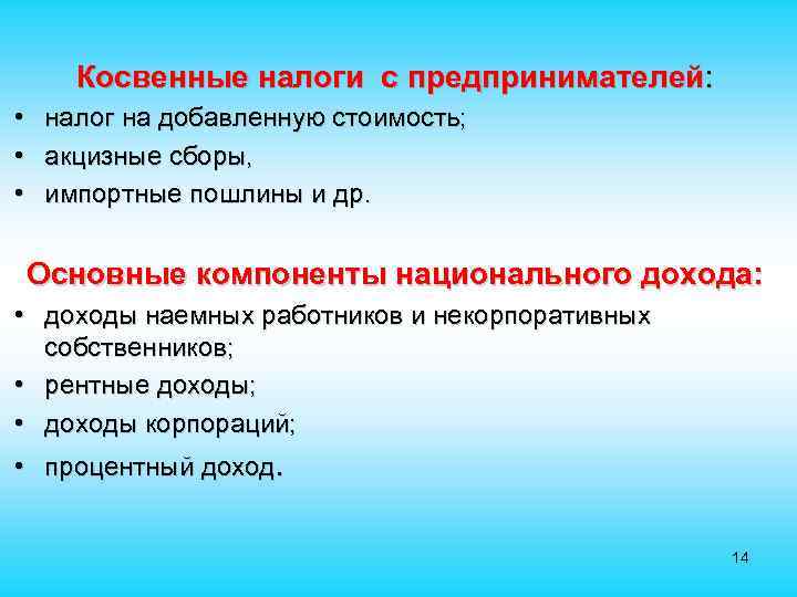  Косвенные налоги с предпринимателей: • налог на добавленную стоимость; • акцизные сборы, •