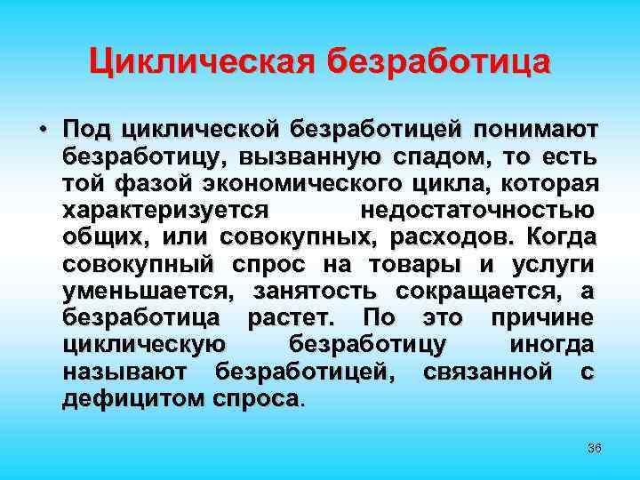  Циклическая безработица • Под циклической безработицей понимают безработицу, вызванную спадом, то есть той