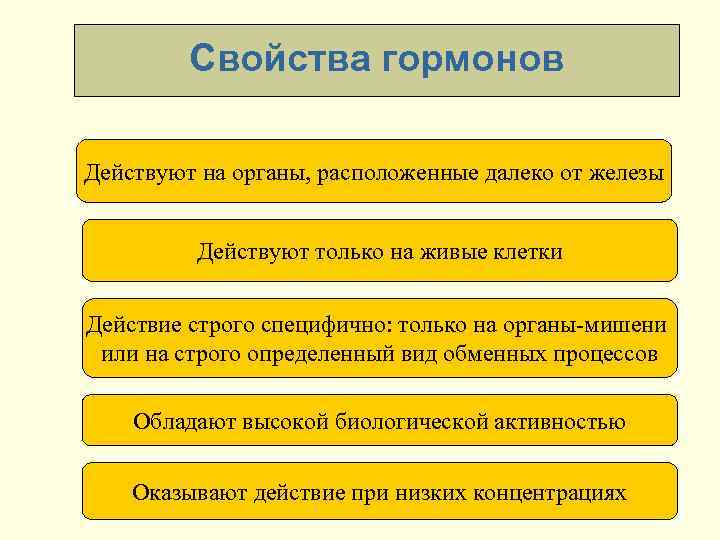  Свойства гормонов Действуют на органы, расположенные далеко от железы Действуют только на живые