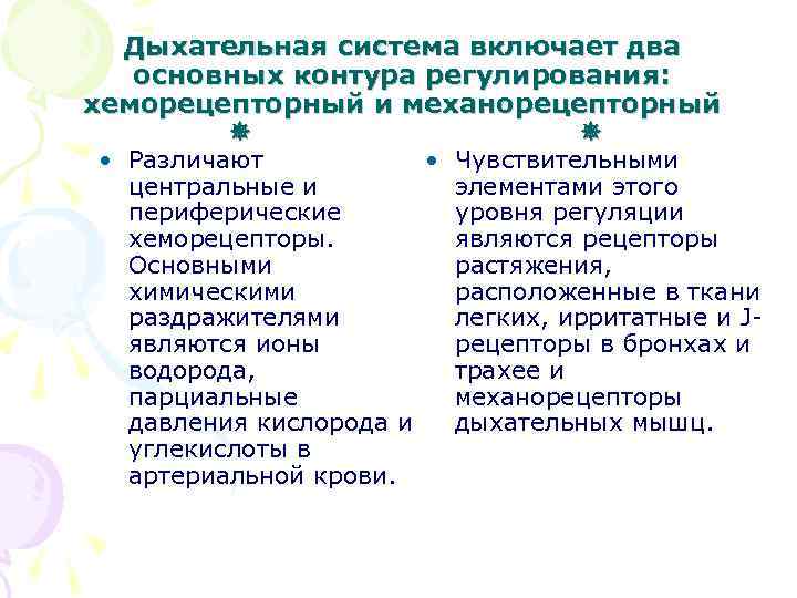  Дыхательная система включает два основных контура регулирования: хеморецепторный и механорецепторный • Различают •