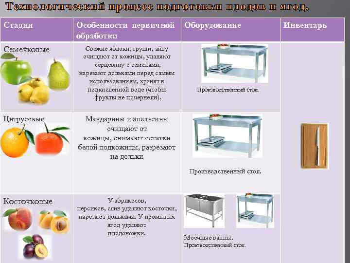 Технологический процесс подготовки плодов и ягод. Стадии  Особенности первичной   Оборудование 