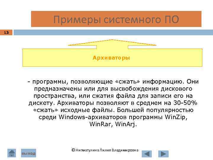  Примеры системного ПО 13 Архиваторы - программы, позволяющие «сжать» информацию. Они предназначены или