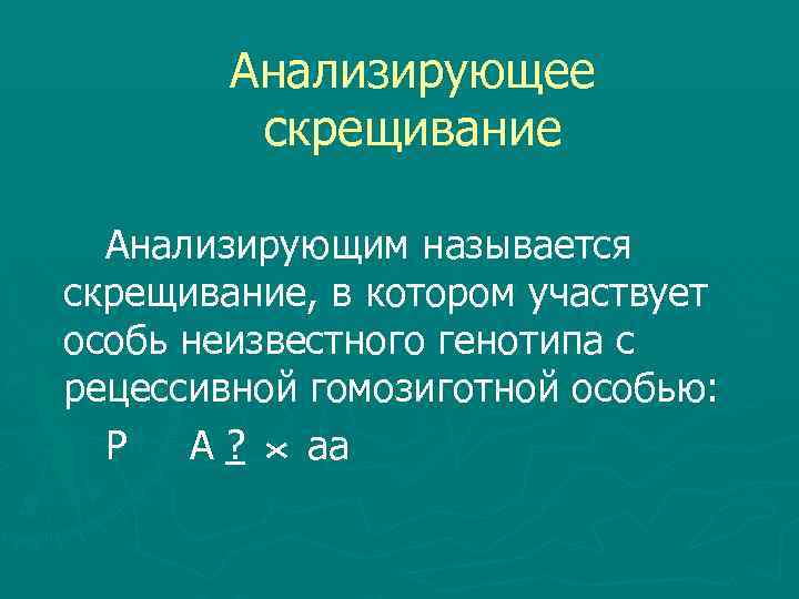  Анализирующее скрещивание Анализирующим называется скрещивание, в котором участвует особь неизвестного генотипа с рецессивной