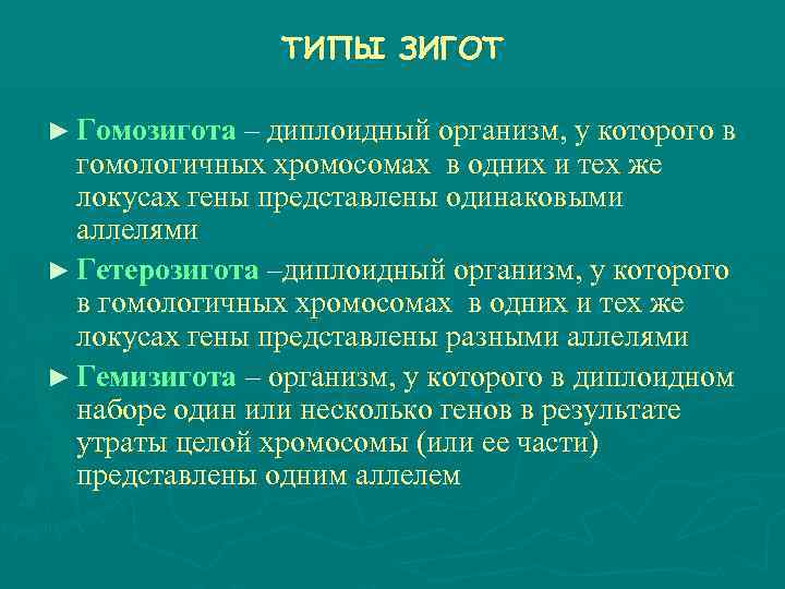  ТИПЫ ЗИГОТ ► Гомозигота – диплоидный организм, у которого в гомологичных хромосомах в