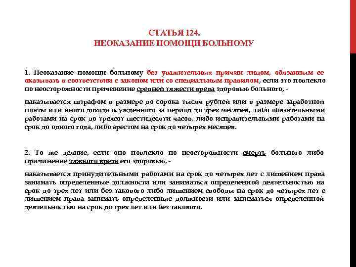  СТАТЬЯ 124. НЕОКАЗАНИЕ ПОМОЩИ БОЛЬНОМУ 1. Неоказание помощи больному без уважительных причин лицом,