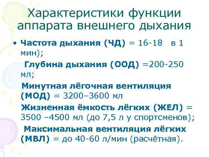  Характеристики функции аппарата внешнего дыхания • Частота дыхания (ЧД) = 16 -18 в