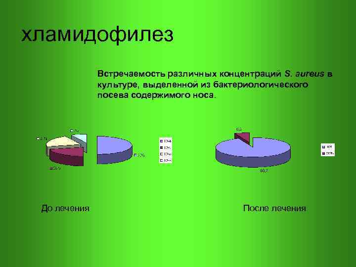 хламидофилез Встречаемость различных концентраций S. aureus в культуре, выделенной из бактериологического посева содержимого носа.