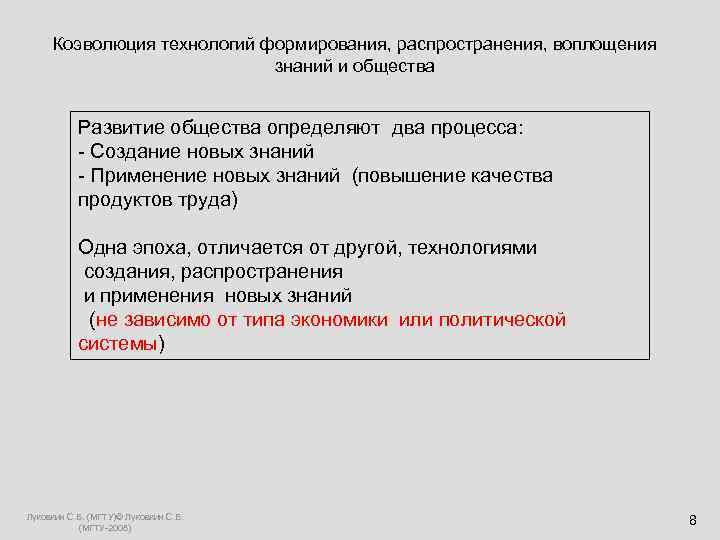  Коэволюция технологий формирования, распространения, воплощения знаний и общества Развитие общества определяют два процесса: